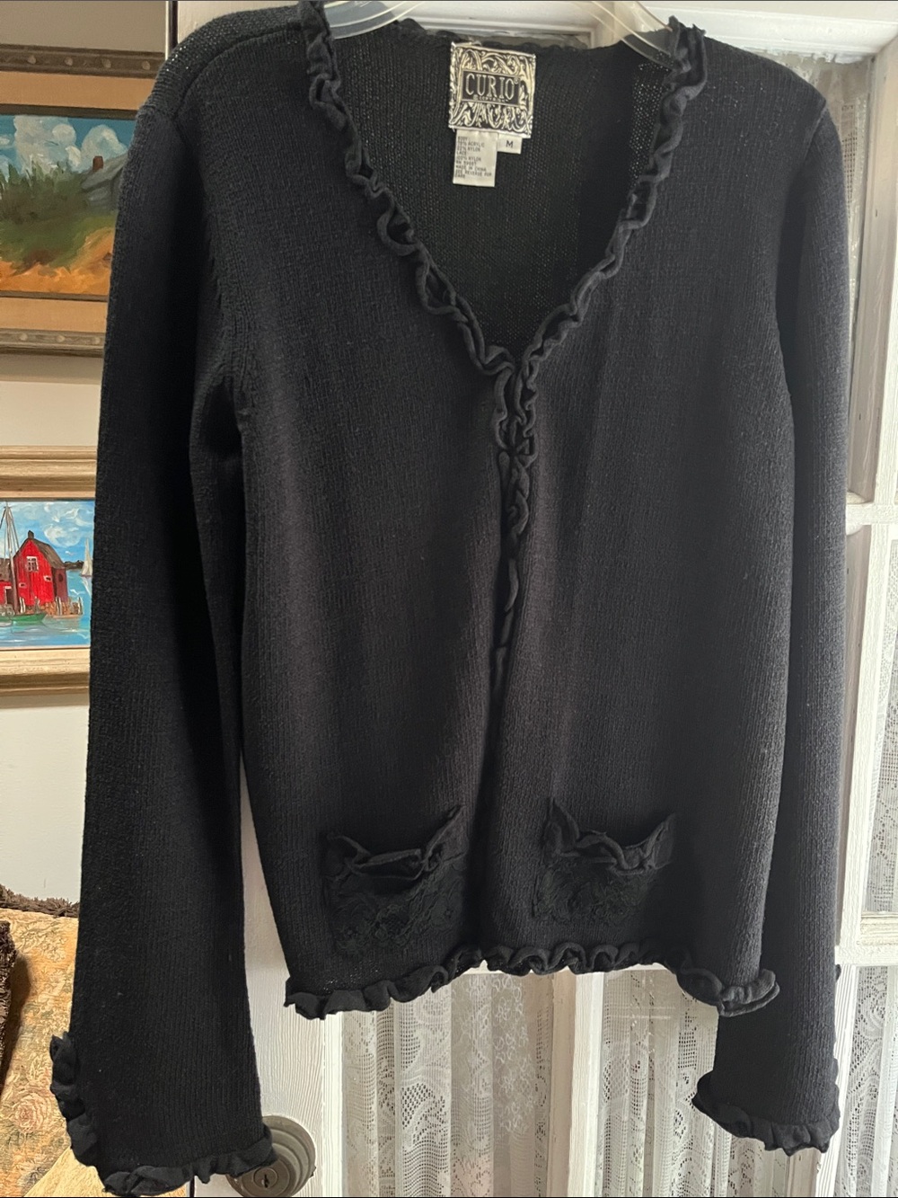 Curio Black Cardigan Size M Ruffle Details Knit